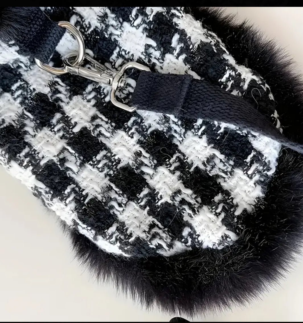 Houndstooth Coat Matching Leash With Hat Black and White