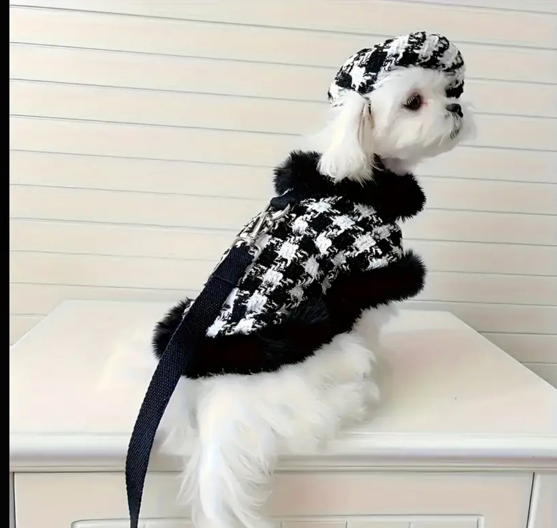 Houndstooth Coat Matching Leash With Hat Black and White