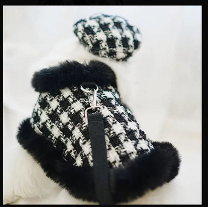 Houndstooth Coat Matching Leash With Hat Black and White