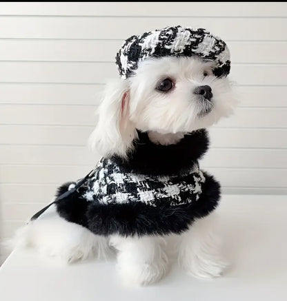 Houndstooth Coat Matching Leash With Hat Black and White