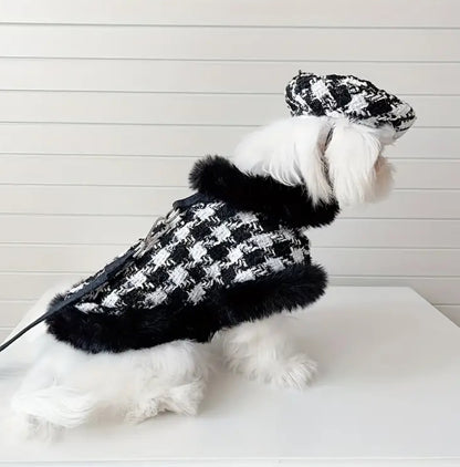 Houndstooth Coat Matching Leash With Hat Black and White