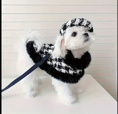 Houndstooth Coat Matching Leash With Hat Black and White