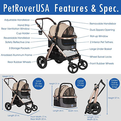 HPZ Pet Rover Prime 3-in-1 Luxury Dog/Cat/Pet Stroller (Travel Carrier +Car Seat +Stroller)