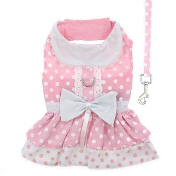 Polka Dot and Lace Dog Dress Set with Leash - Pink